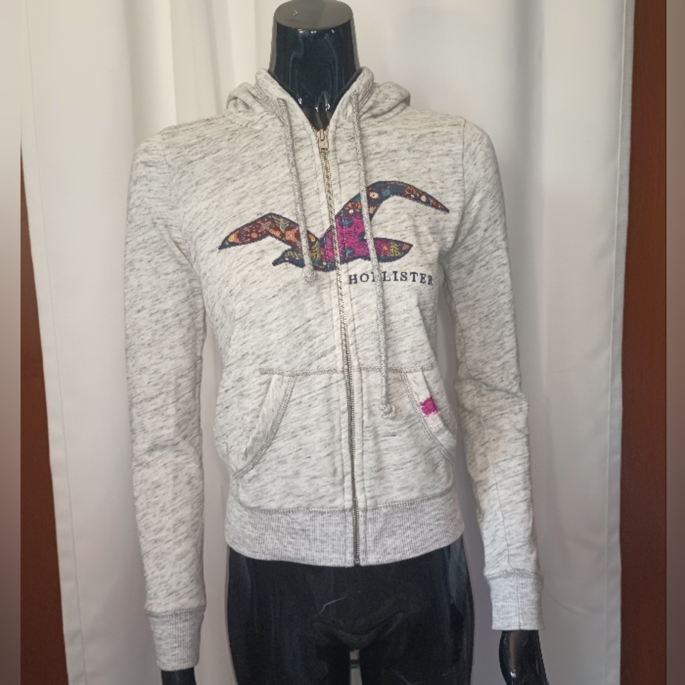 Hollister Women's Y2K Zip Hoodie XS Embroidered Patchwork Logo Preppy Boho